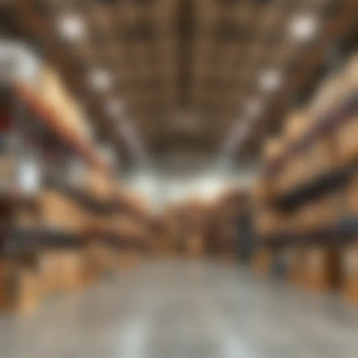 Interior view of a spacious warehouse with organized shelving and storage solutions